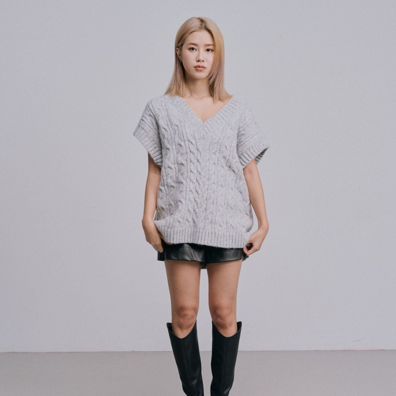 cable knitted longline v-neck top